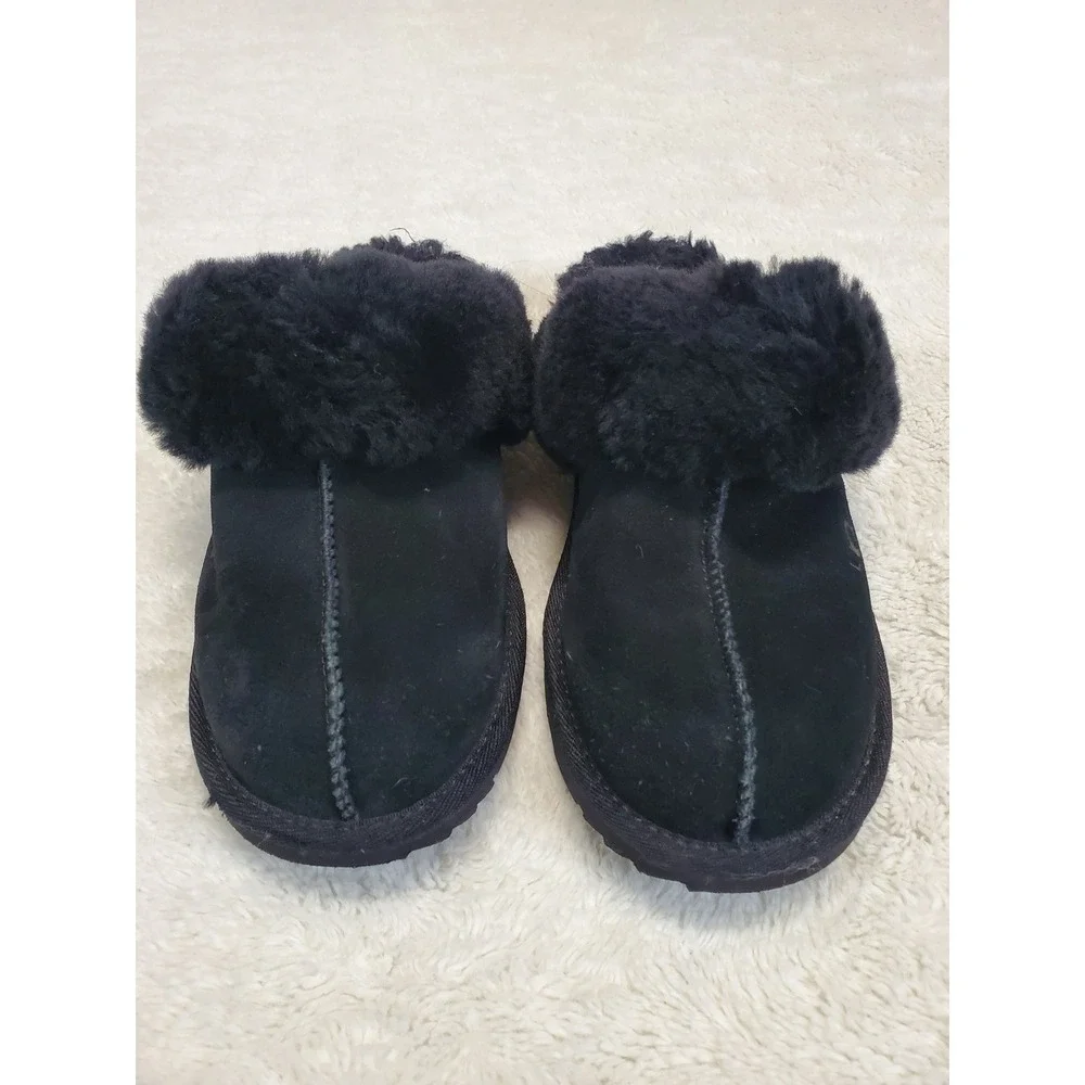 Ugg Black Suede Slip On Faux fur lining Slides Slipper Shoes 4 Casual Cozy Logo